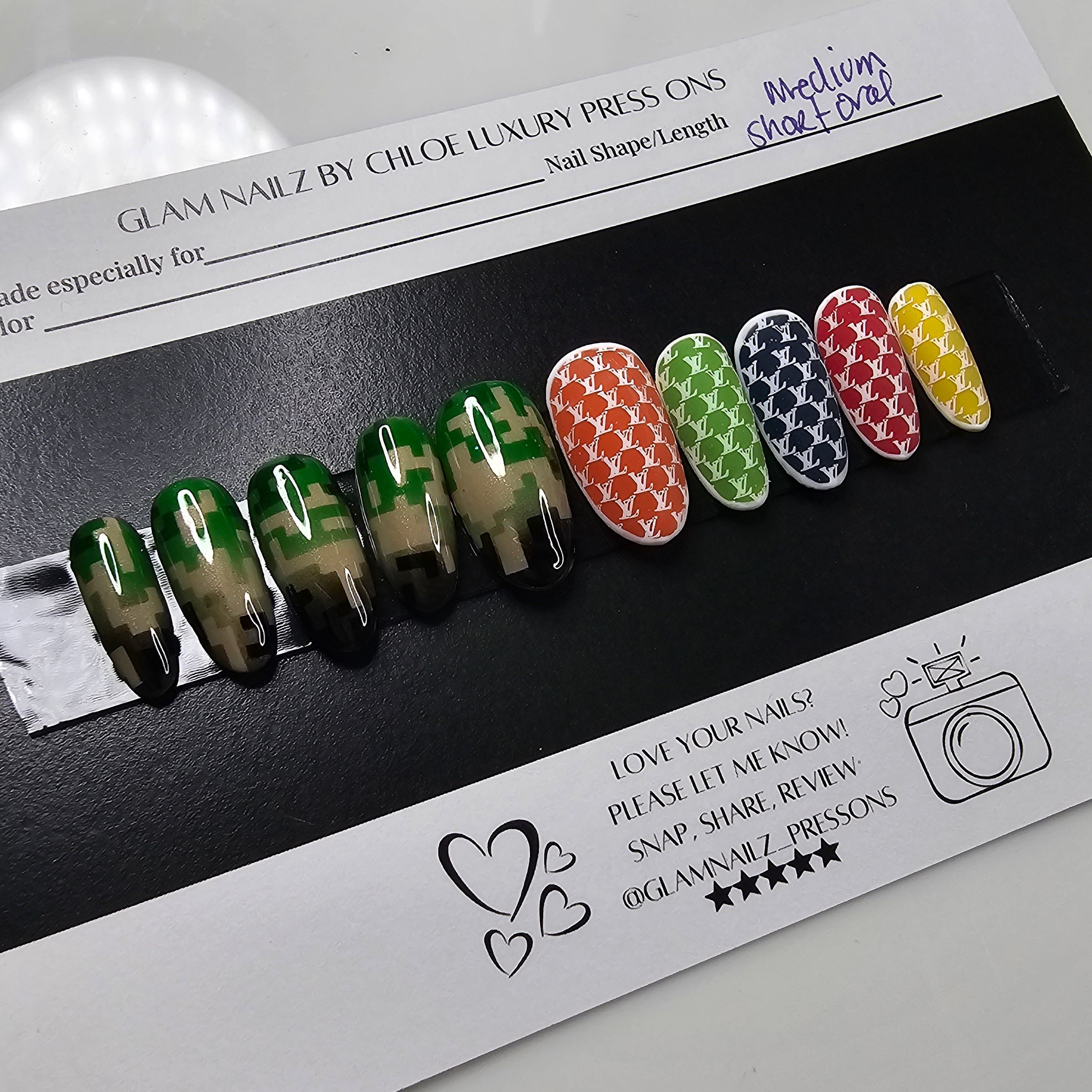 Pharrell Fashion Show Camo Press-On Nails (Medium, Oval) – Ready to Ship & One of a Kind