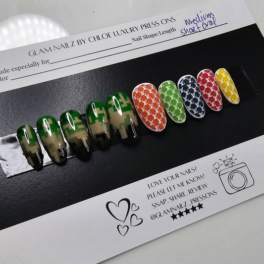 Pharrell Fashion Show Camo Press-On Nails (Medium, Oval) – Ready to Ship & One of a Kind