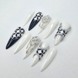 Luxury Black & White Stiletto Press-On Nails – Handcrafted with Intricate 3D Embellishments