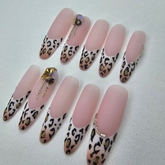XL Oval Leopard French Press-On Nails with Jewels