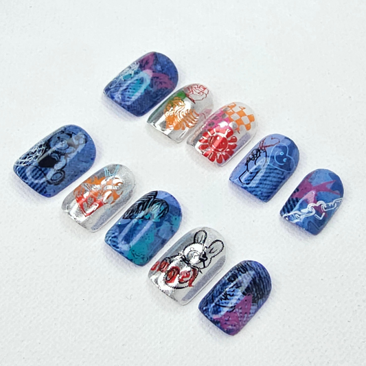 Short Denim Graffiti & Chrome Press-On Nails