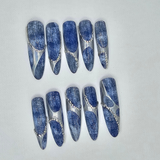 Denim & Chrome Press-On Nails (XL Oval, Medium Size)