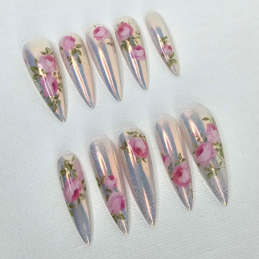 Unicorn Chrome & Roses Cat Eye Press-On Nails – Medium Stiletto Set