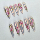 Unicorn Chrome & Roses Cat Eye Press-On Nails – Medium Stiletto Set