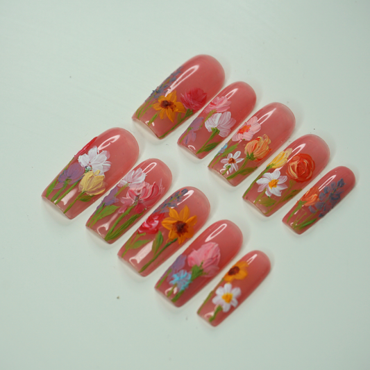 Wildflower Garden – Hand-Painted Press-On Nails (Small Square)