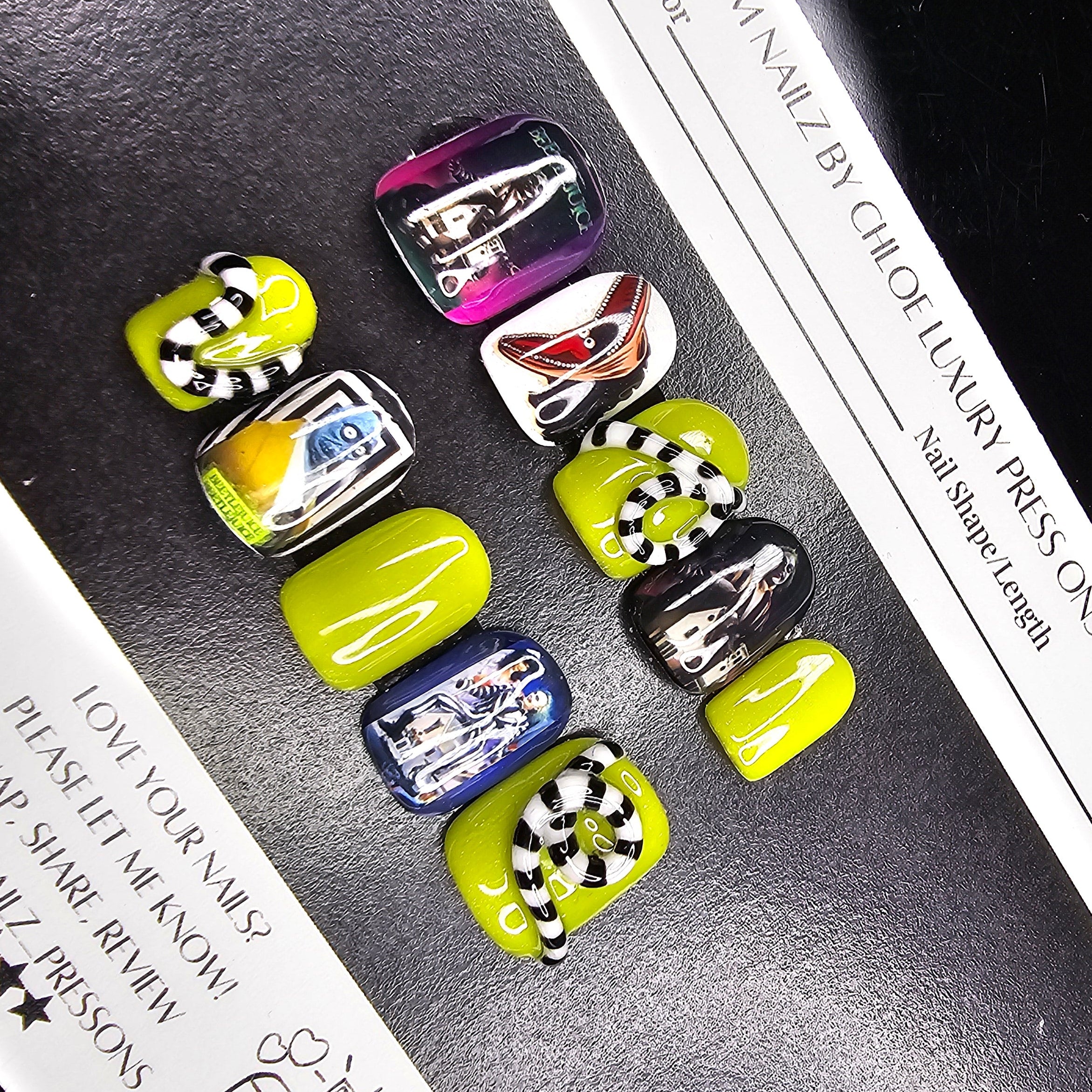 Bettle Juice Glow-in-the-Dark Press-On Nails | 3D Gel Snakes & Custom Mr. Beetle Juice Art