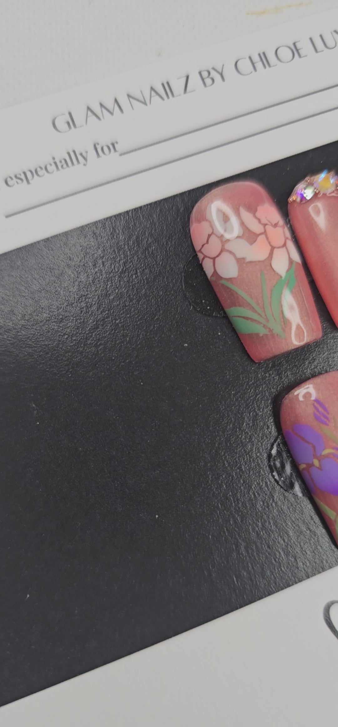 Bloom Luxe - Airbrushed Spring Floral Press-On Nails with Crystals (Medium Square) | Glam Nailz By Chloe