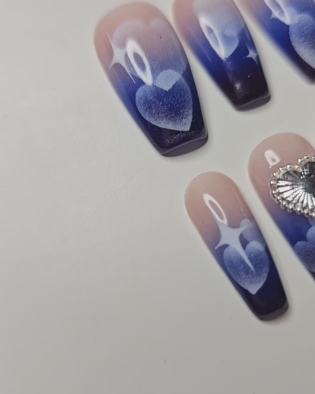Airbrushed Blue Ombre Heart Press On Nails | Medium Coffin Valentine’s Day Nails with Silver Charms