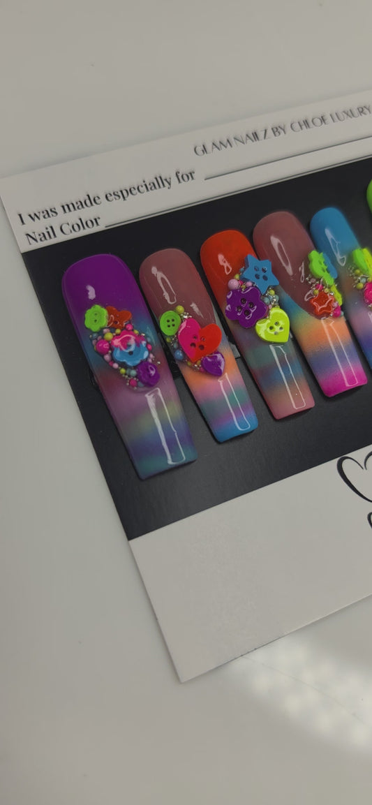 Rainbow Rave XL Square Press-On Nails | 3D Buttons & Cabochons | Medium Length