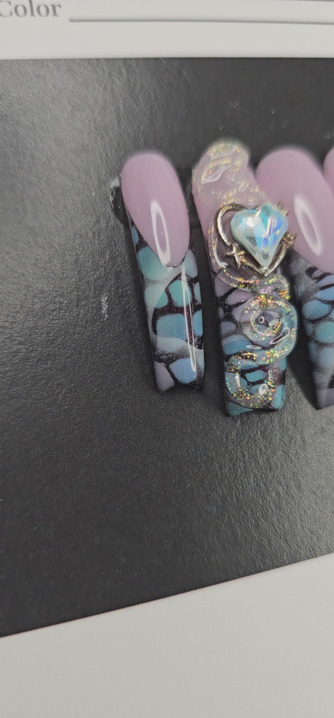 Medium XL Curved Square Airbrushed French Press-Ons | 3D Glitter Gel & Heart Charms | Luxe Glam Look