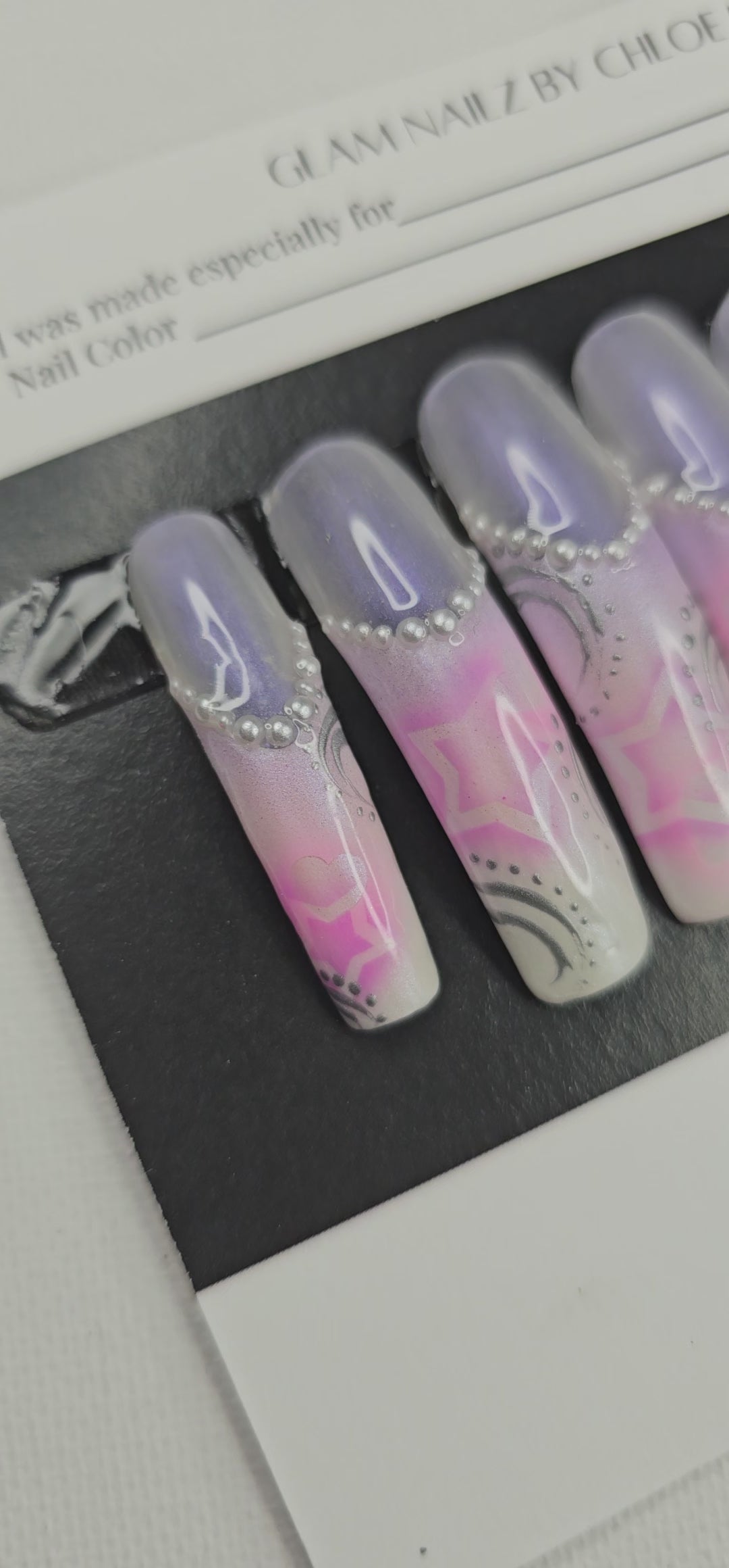 Celestial Love - Airbrushed French Press-On Nails with Stars, Hearts & Pearls (Medium XL Square Curved) | Glam Nailz By Chloe