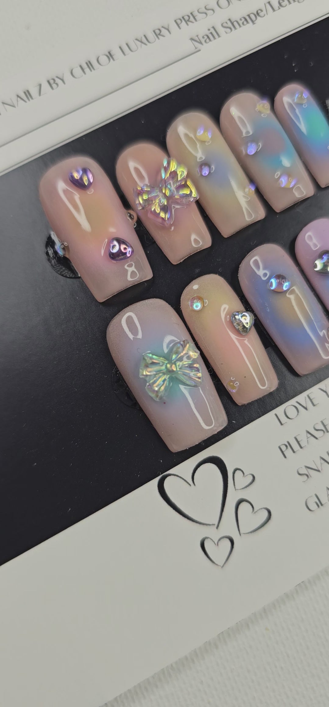 Iridescent Ombre Press-On Nails With Crystal Accents (Medium)