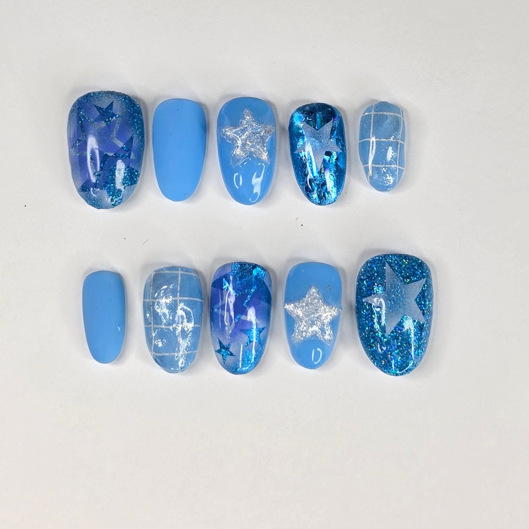Blue Star Press On Nails | Glitter Chrome Airbrush Round Nails | Y2K Star Nail Art | Medium Small