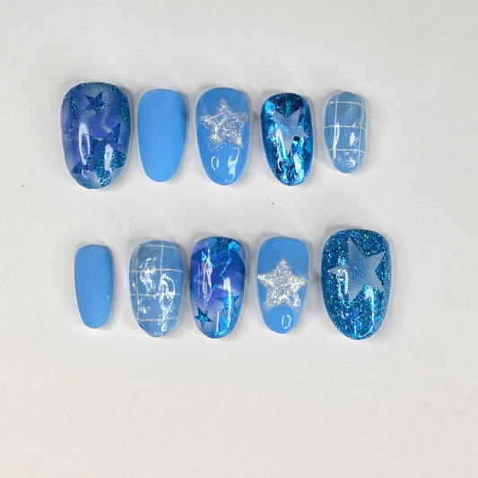 Blue Star Press On Nails | Glitter Chrome Airbrush Round Nails | Y2K Star Nail Art | Medium Small