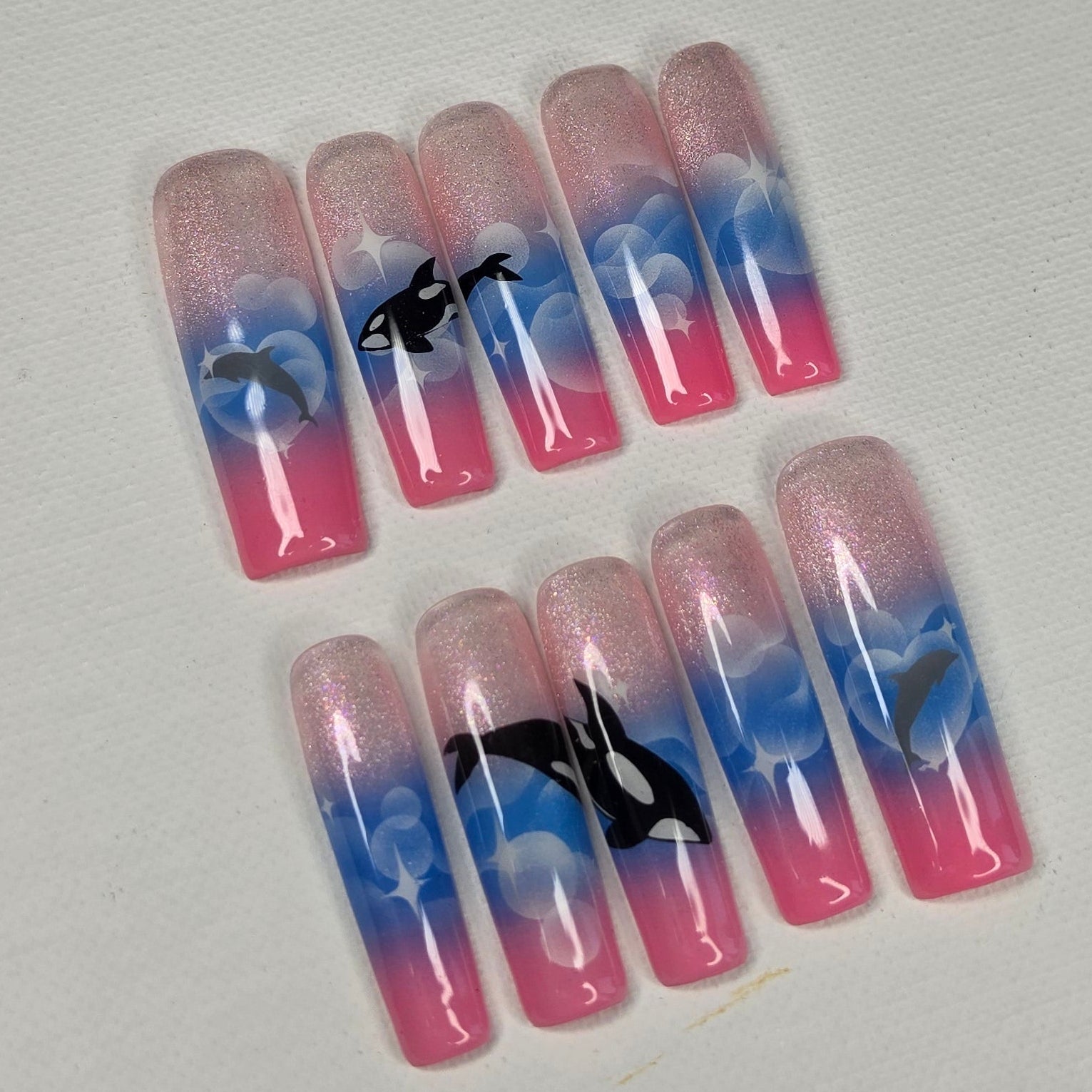 Ocean Dream" Orca & Dolphin Airbrush Press On Nails | XL Square Medium