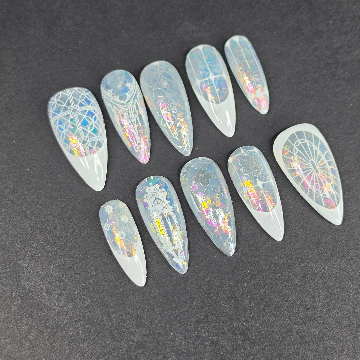 Cathedral Chrome Press On Nails | Iridescent Flake Stiletto | Stained Glass Nail Art | Medium
