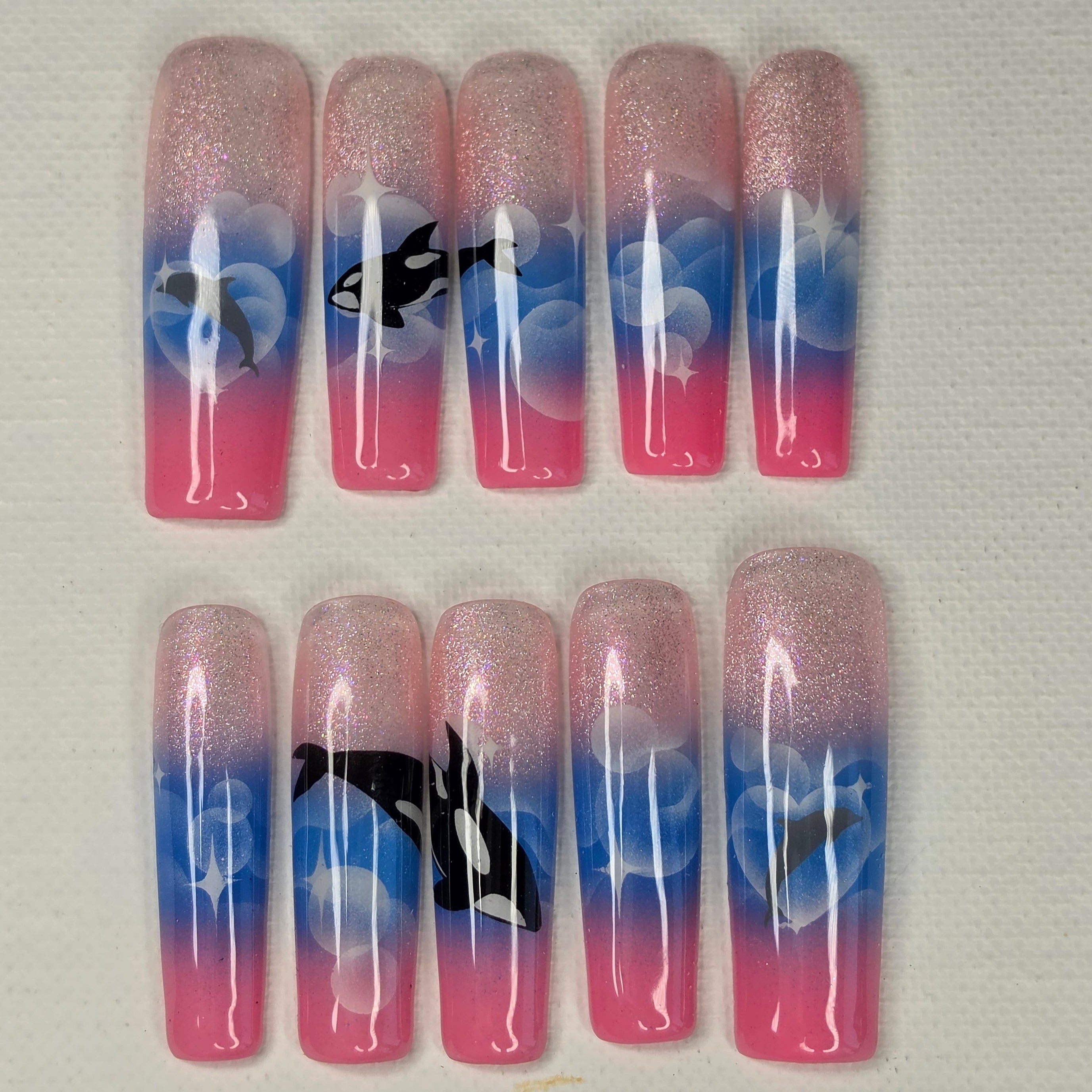 Ocean Dream" Orca & Dolphin Airbrush Press On Nails | XL Square Medium