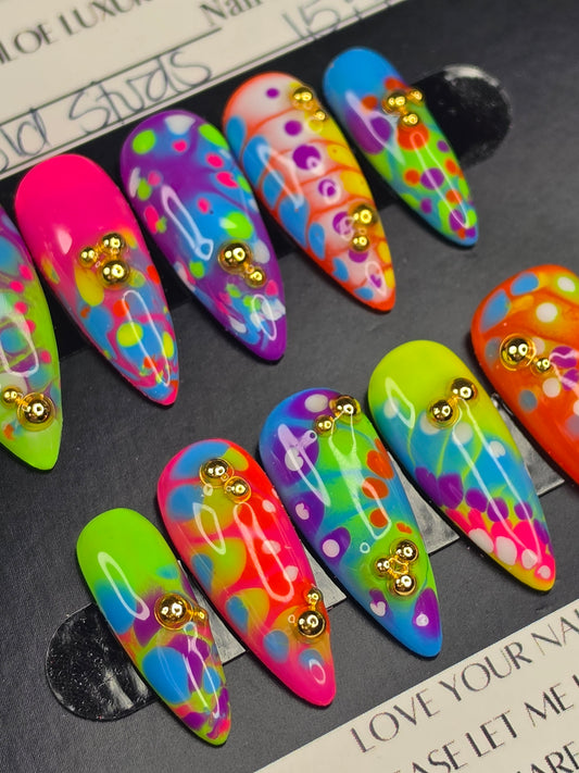 Neon Burst & Gold Studs — Luxury Press On Nails