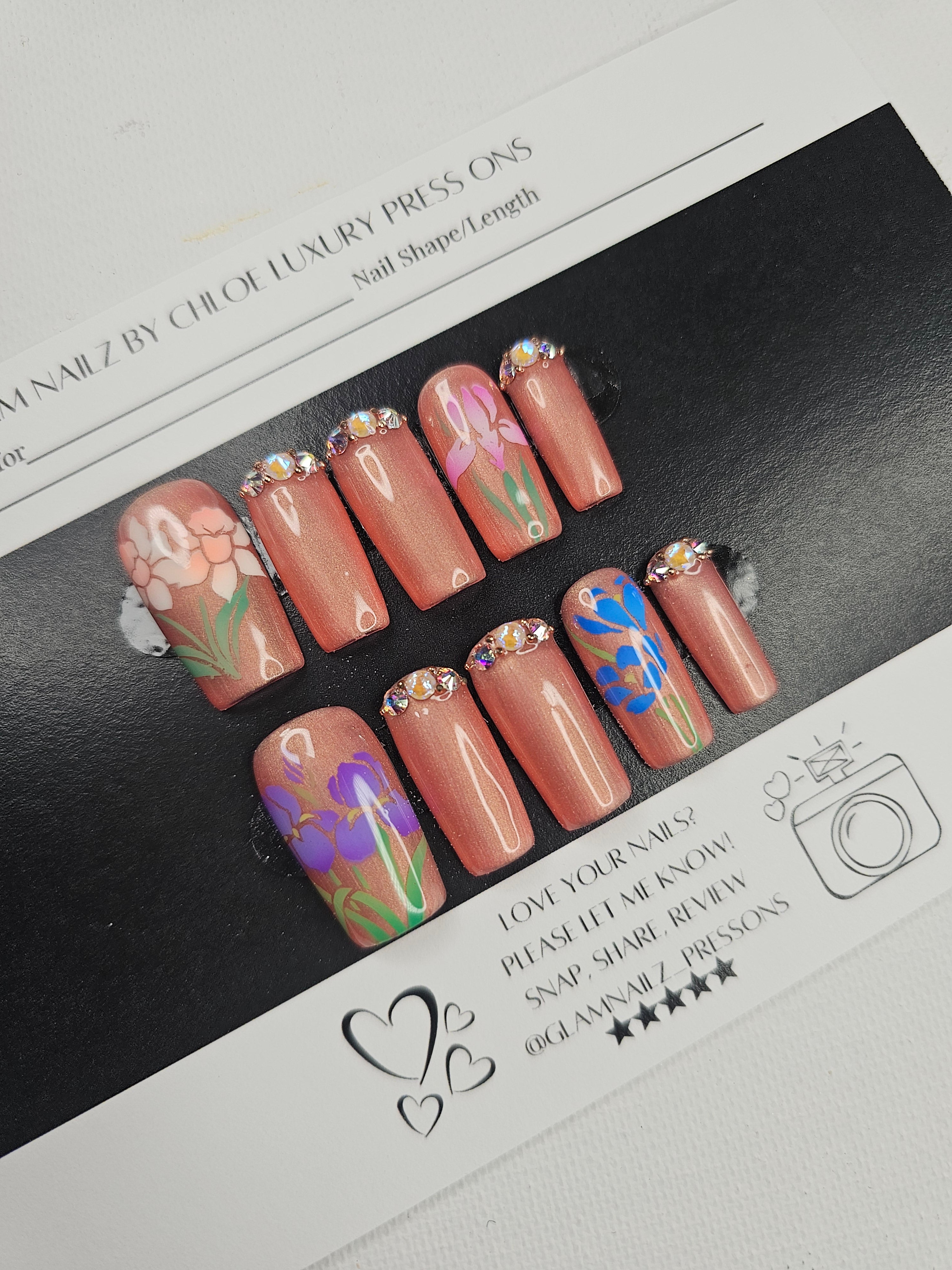 Bloom Luxe - Airbrushed Spring Floral Press-On Nails with Crystals (Medium Square) | Glam Nailz By Chloe