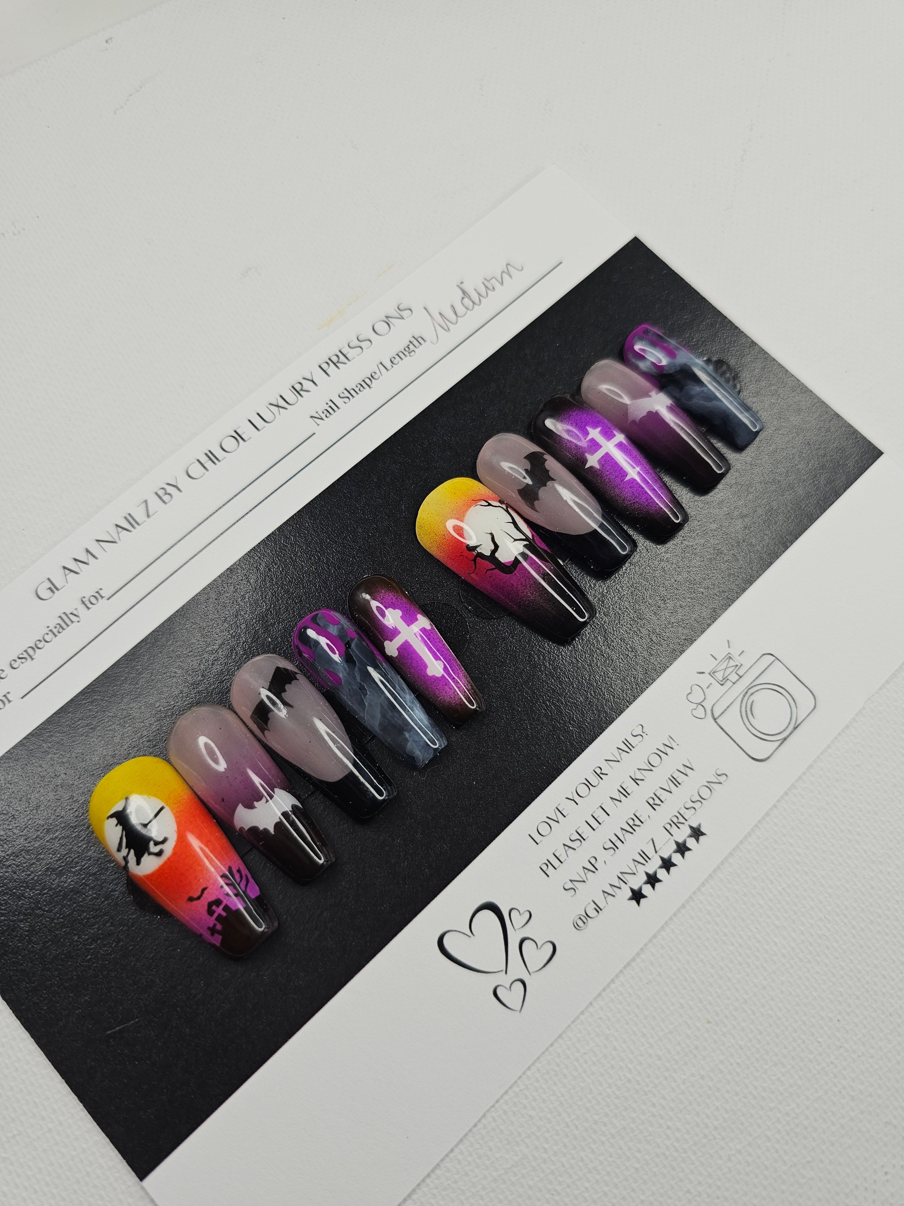 Haunted Nights - Spooky Halloween Airbrushed Press-On Nails (Medium Ballerina) | Glam Nailz By Chloe