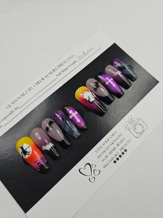 Haunted Nights - Spooky Halloween Airbrushed Press-On Nails (Medium Ballerina) | Glam Nailz By Chloe