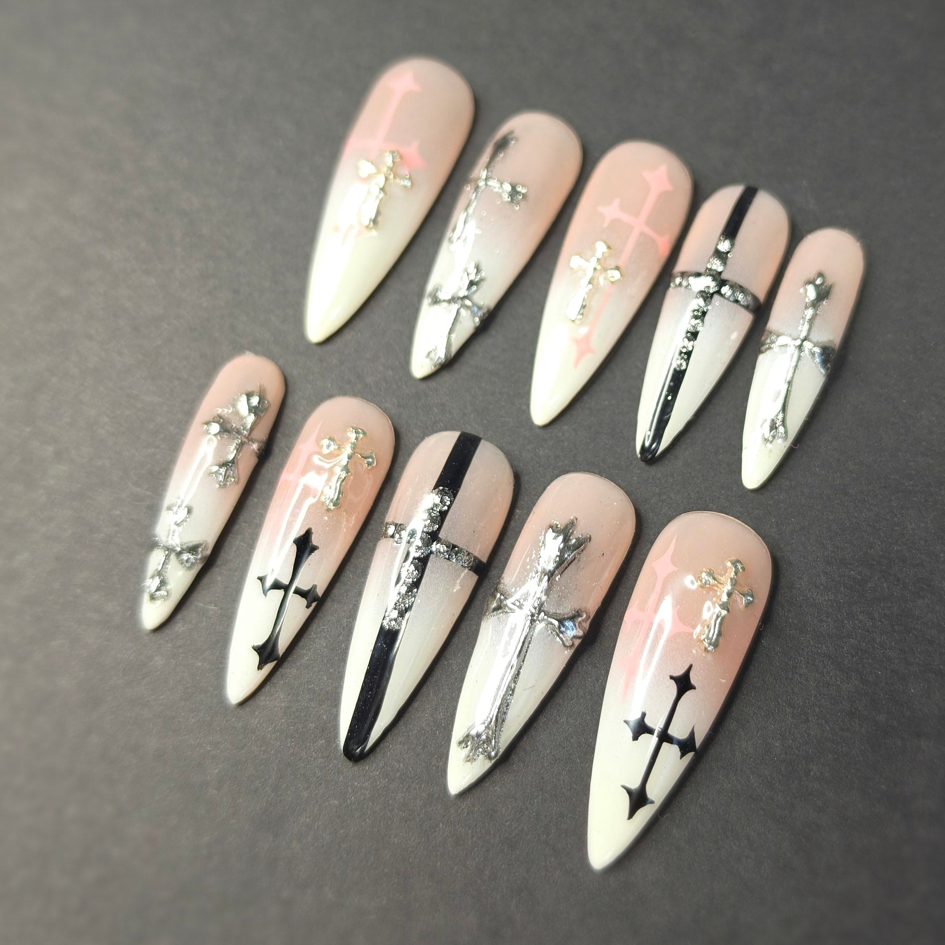 Long Stiletto Press On Nails | Ombre Crosses Chrome Rhinestones | Gothic Nail Art | Small