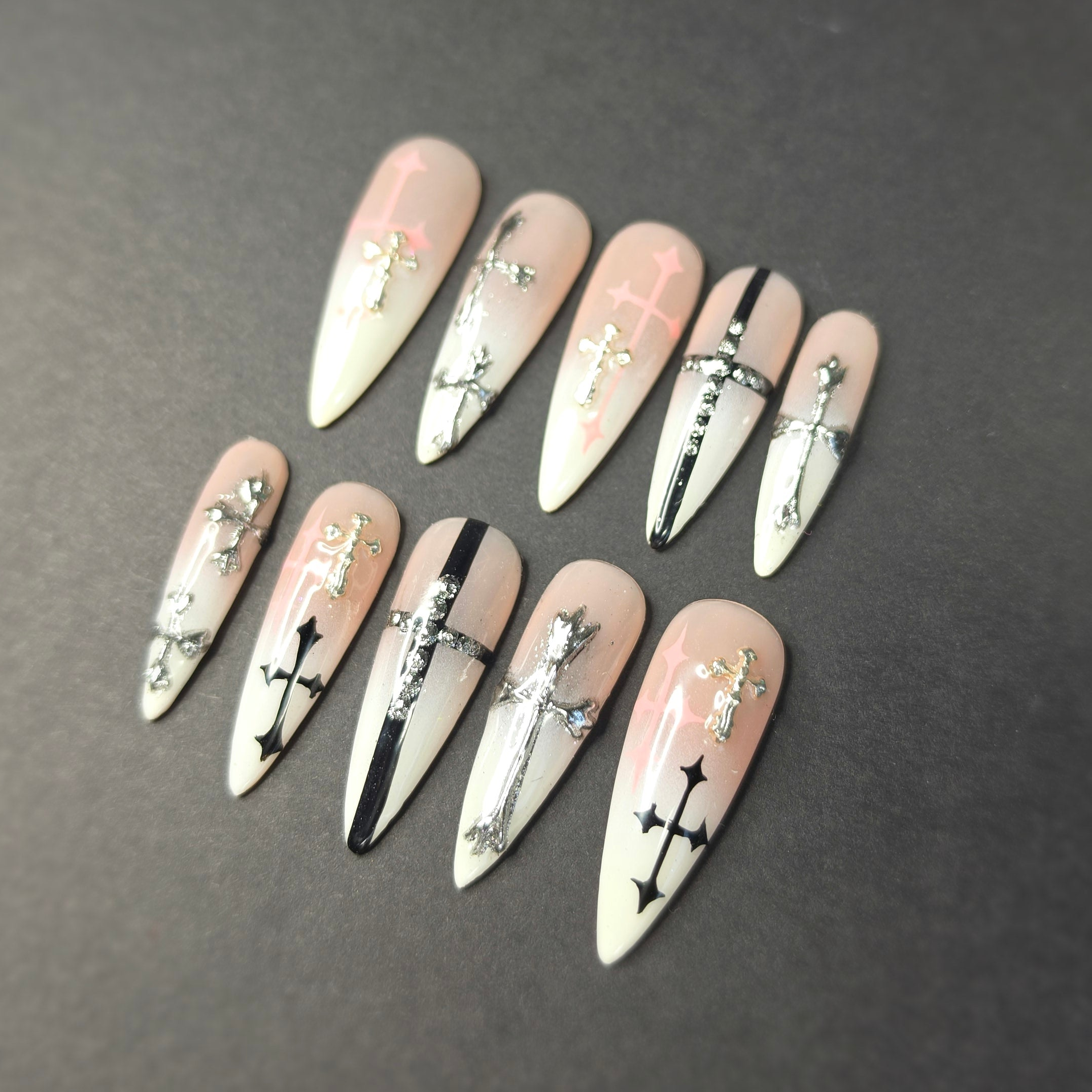Long Stiletto Press On Nails | Ombre Crosses Chrome Rhinestones | Gothic Nail Art | Small