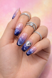 Airbrushed Blue Ombre Heart Press On Nails | Medium Coffin Valentine’s Day Nails with Silver Charms