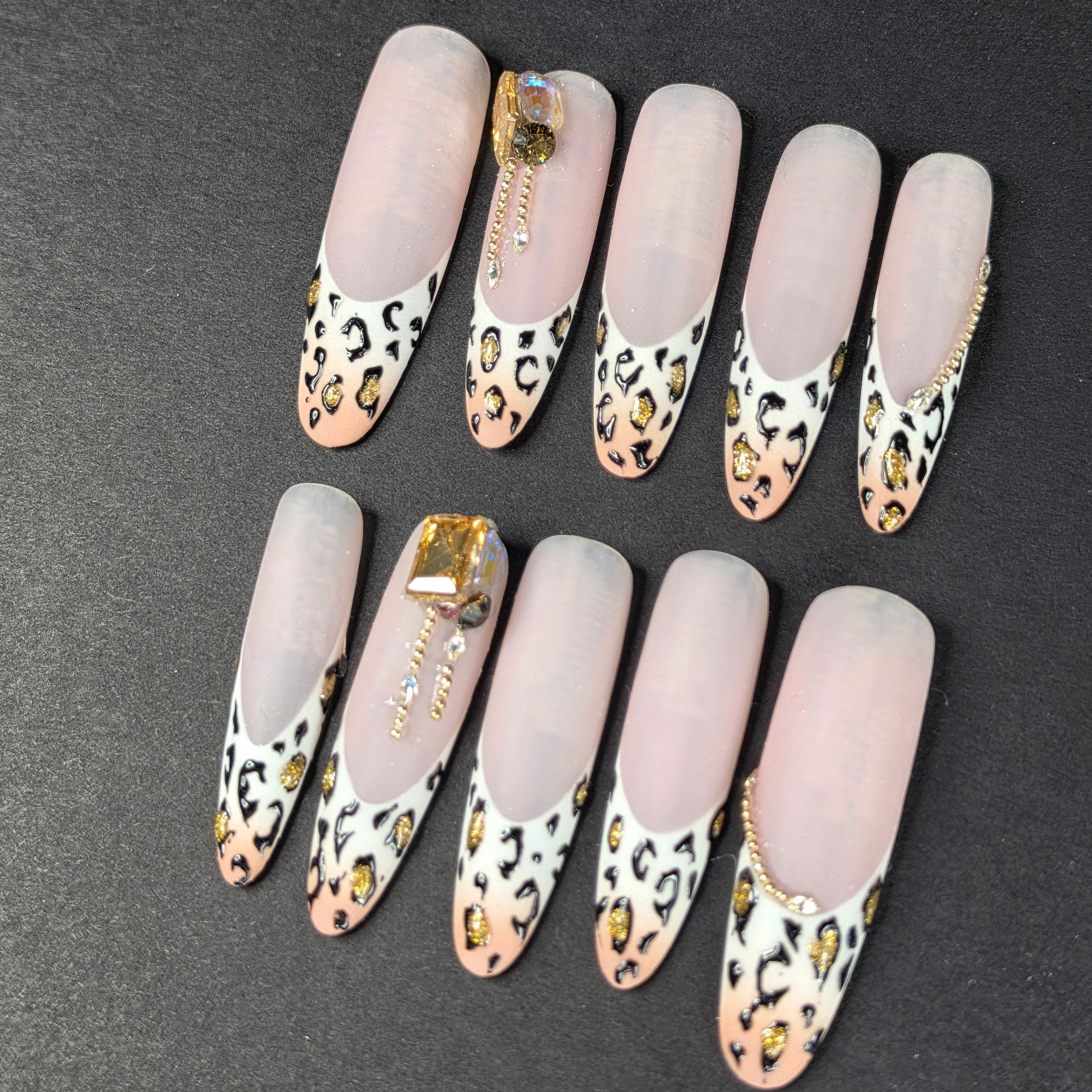 Cheetah French Press On Nails | XL Oval Leopard Print Crystal Charm | Luxury Nail Art | Medium