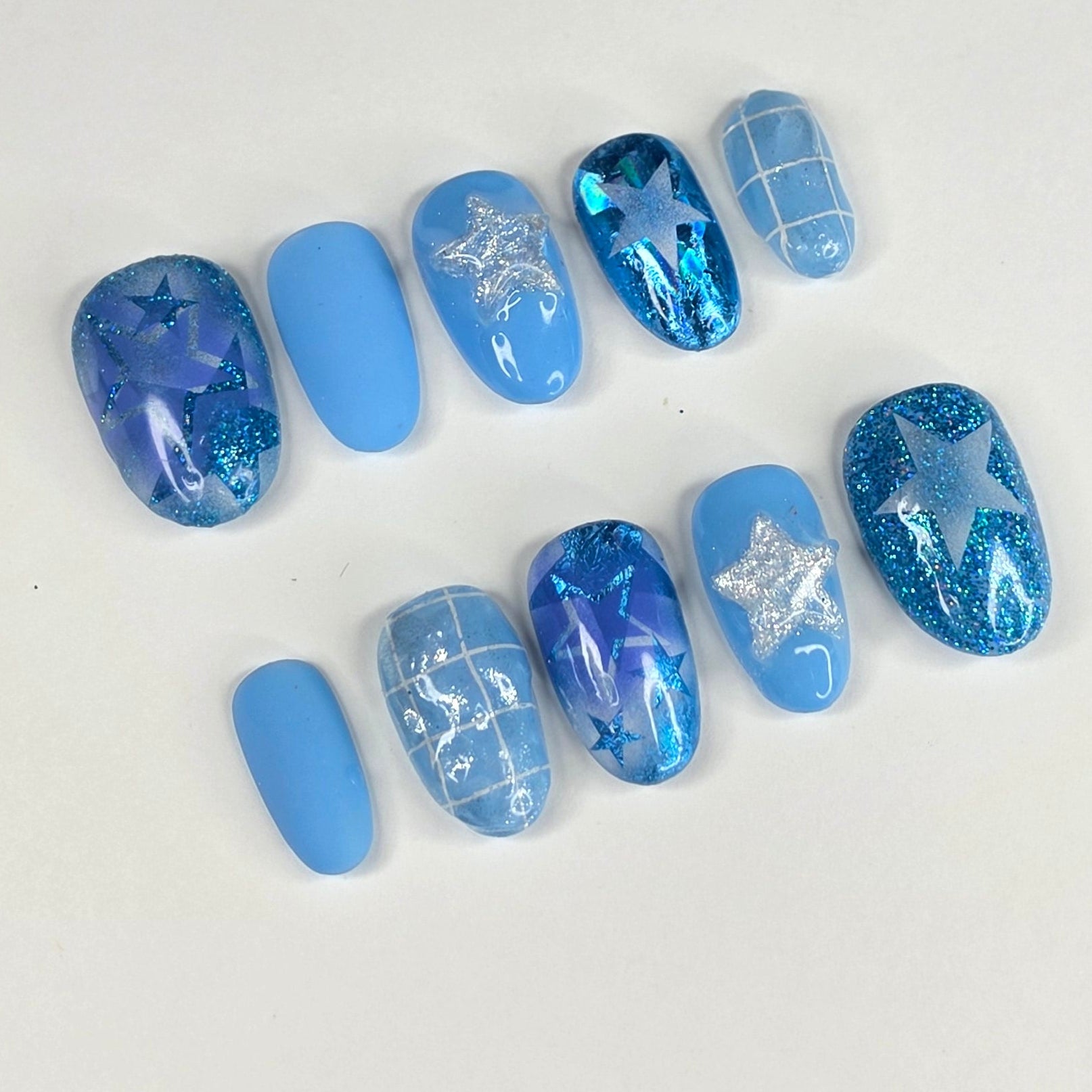 Blue Star Press On Nails | Glitter Chrome Airbrush Round Nails | Y2K Star Nail Art | Medium Small