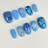Blue Star Press On Nails | Glitter Chrome Airbrush Round Nails | Y2K Star Nail Art | Medium Small