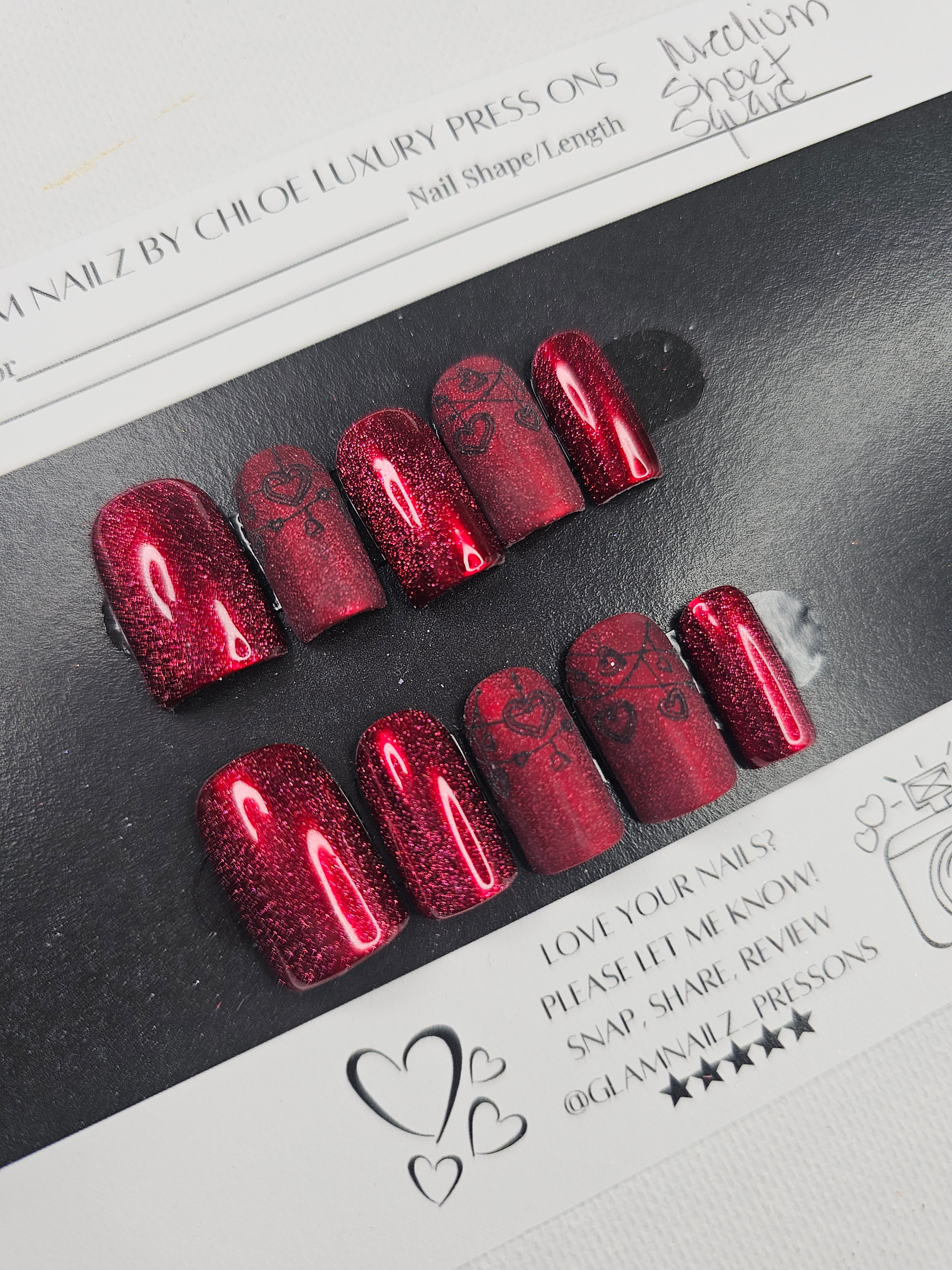Crimson Love - Cat Eye Red Valentine’s Press-On Nails (Medium Square) | Glam Nailz By Chloe