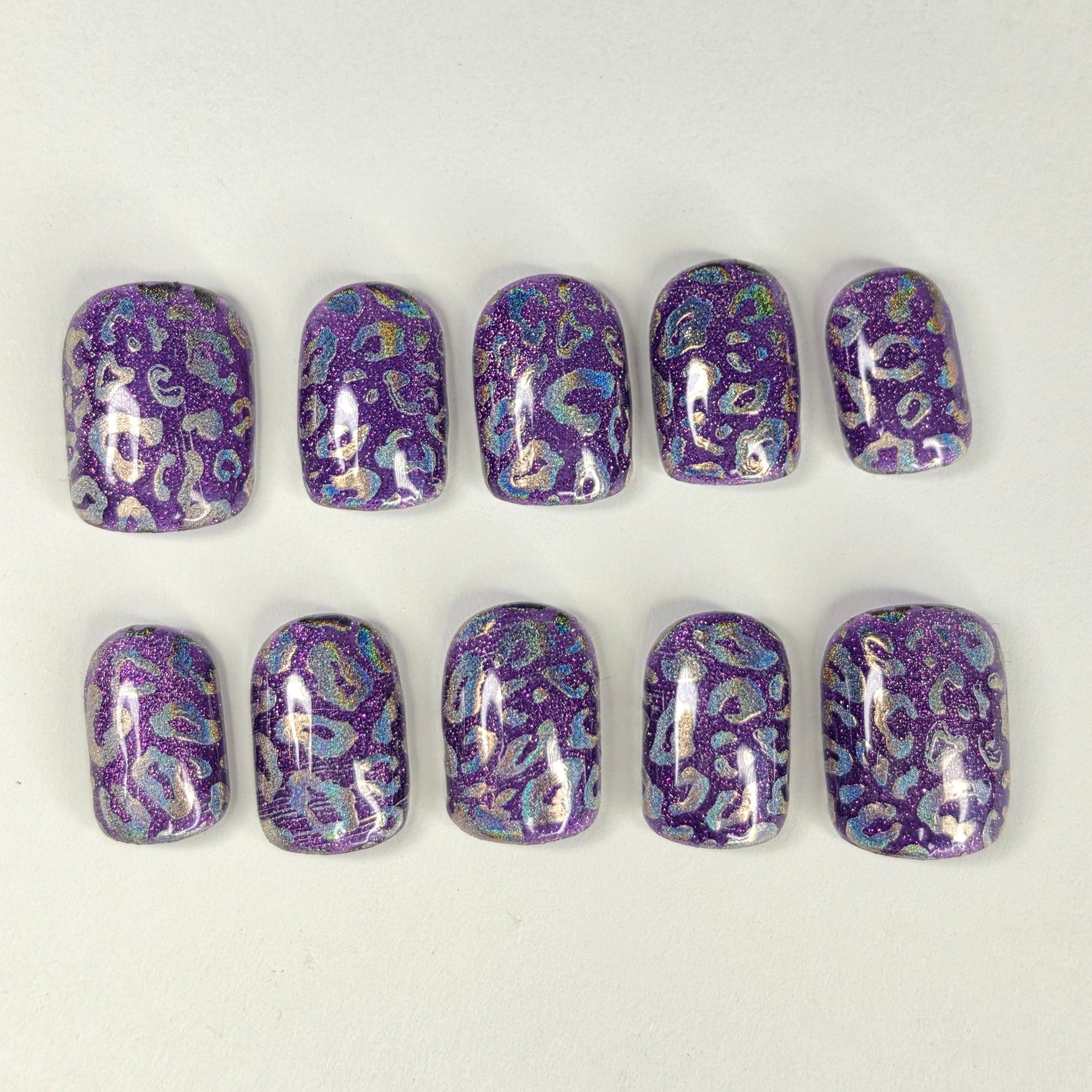 Purple Cheetah Press On Nails | Holographic Chrome Leopard Print Glitter | Short Square Oval | Medium