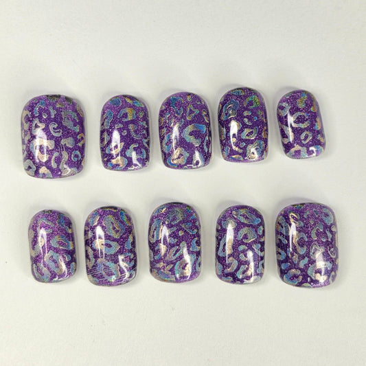 Purple Cheetah Press On Nails | Holographic Chrome Leopard Print Glitter | Short Square Oval | Medium