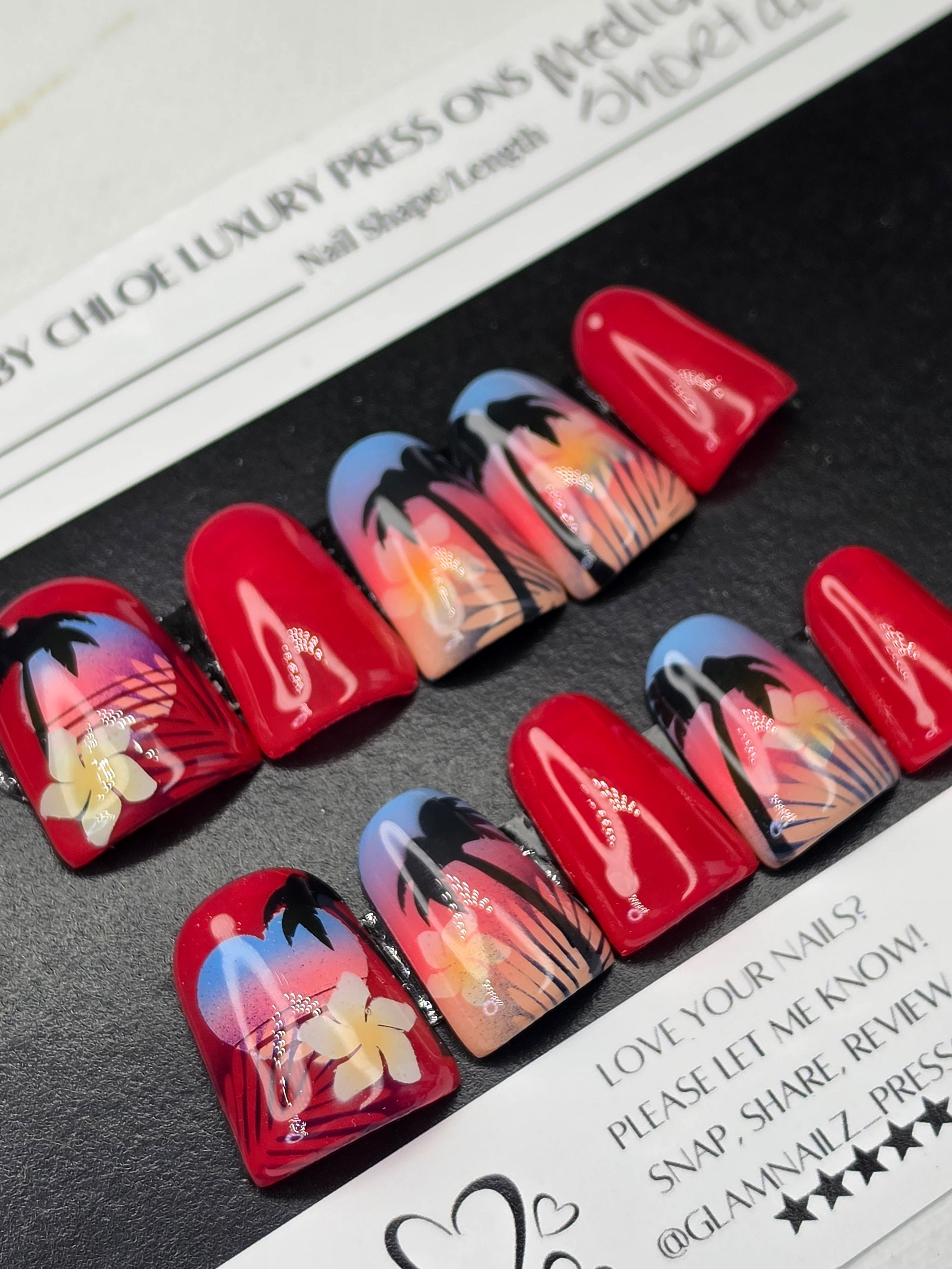 Tropical Sunset Paradise | Short Medium Duck Press On Nails | 90s Vibes | Airbrush Art | Handmade