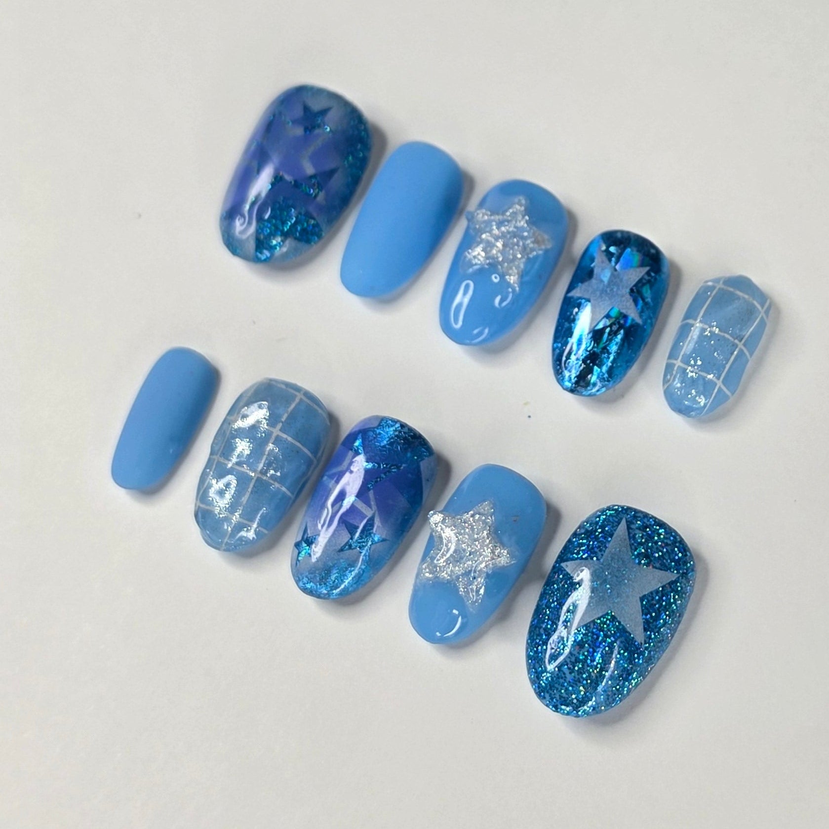 Blue Star Press On Nails | Glitter Chrome Airbrush Round Nails | Y2K Star Nail Art | Medium Small
