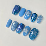 Blue Star Press On Nails | Glitter Chrome Airbrush Round Nails | Y2K Star Nail Art | Medium Small