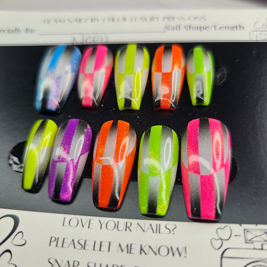 Medium Coffin Press On Nails – Airbrushed Neon & Silver Chrome Geometric French Gel Nails