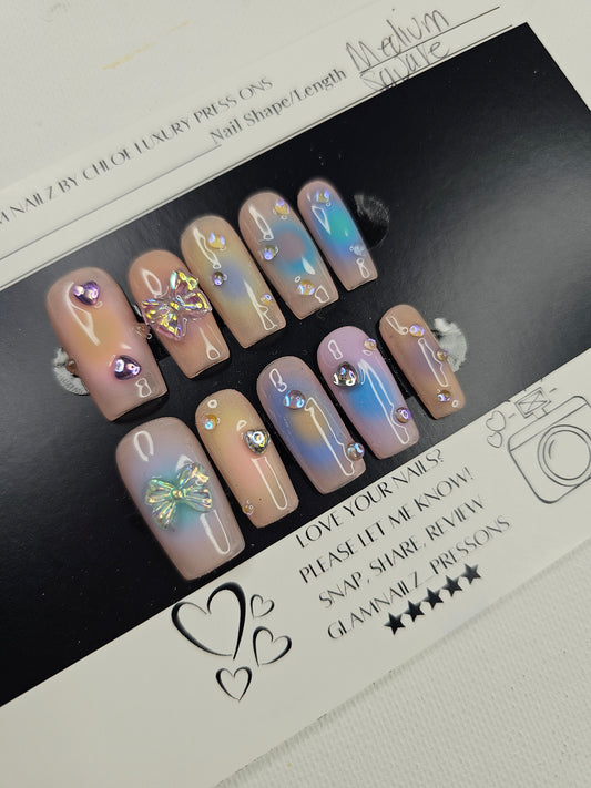 Iridescent Ombre Press-On Nails With Crystal Accents (Medium)