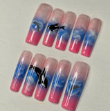Ocean Dream" Orca & Dolphin Airbrush Press On Nails | XL Square Medium