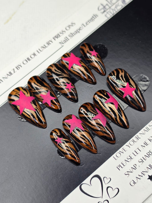 Wild Star | Medium Stiletto Press On Nails | Cat Eye Brown Zebra Print | Hot Pink Textured Stars | Handmade