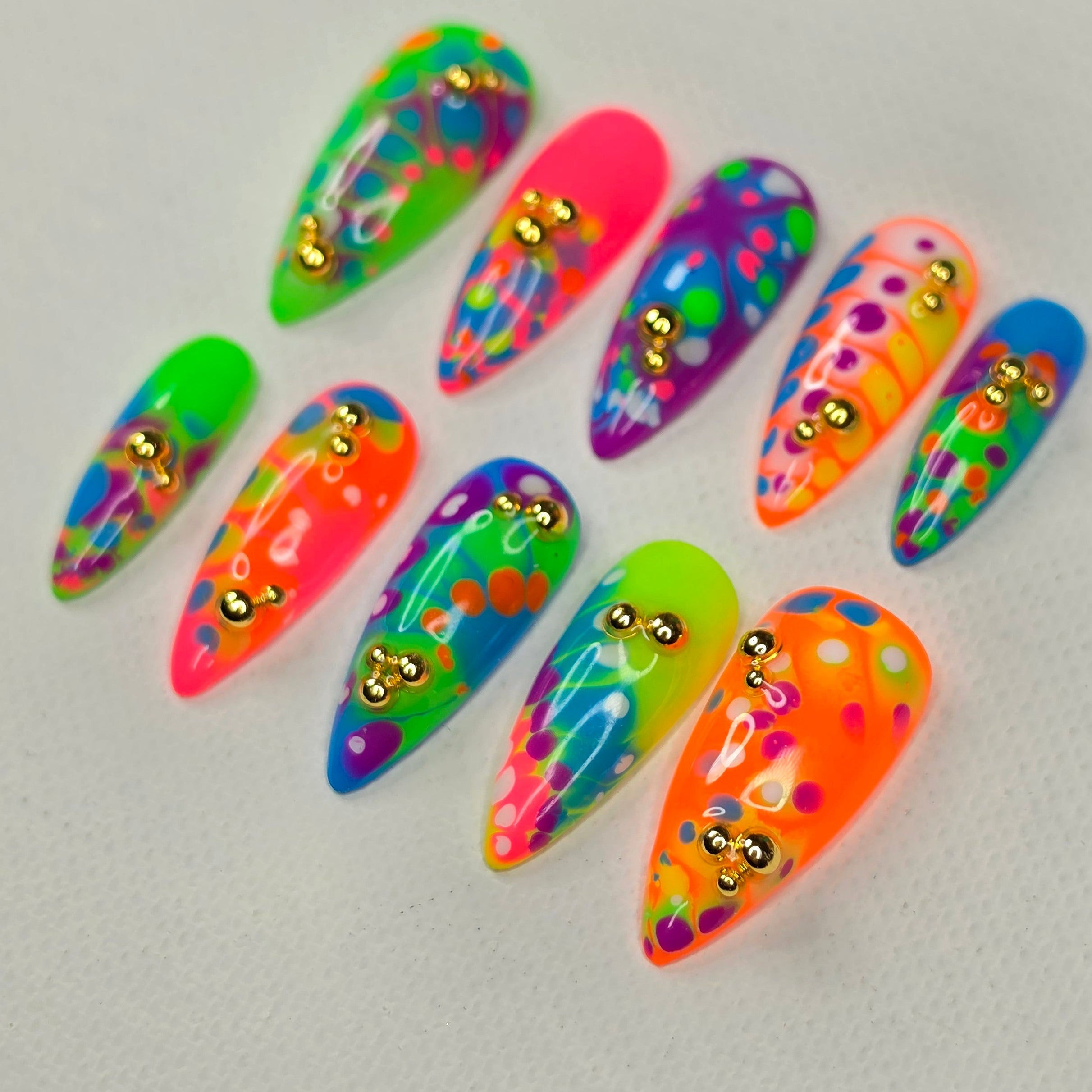 Neon Burst & Gold Studs — Luxury Press On Nails