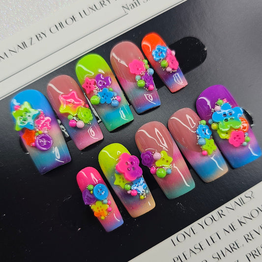 Medium Square Press On Nails – Airbrushed Neon Ombre French with 3D Buttons & Cabochons | Gel Nails