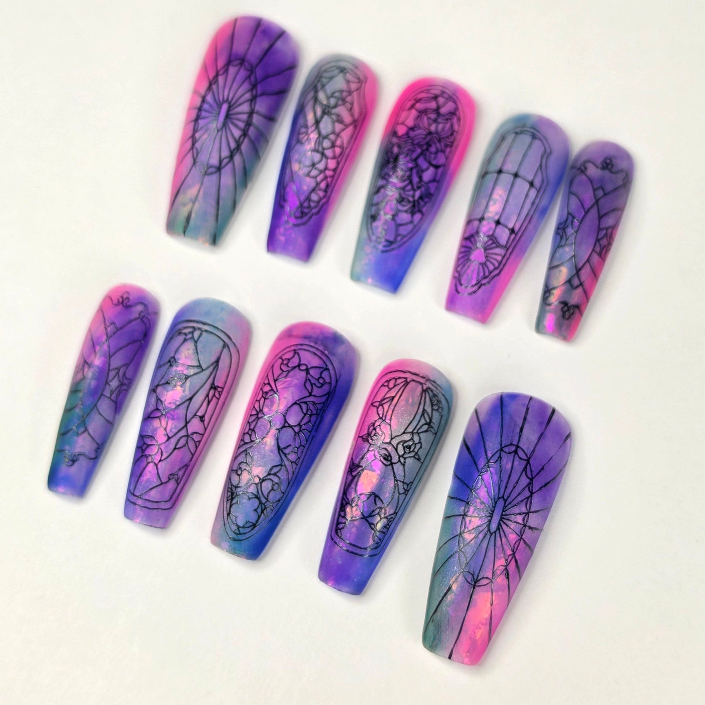 Cathedral Window Press On Nails | Rainbow Watercolor Cat Eye Ballerina | Stained Glass Nail Art | Medium