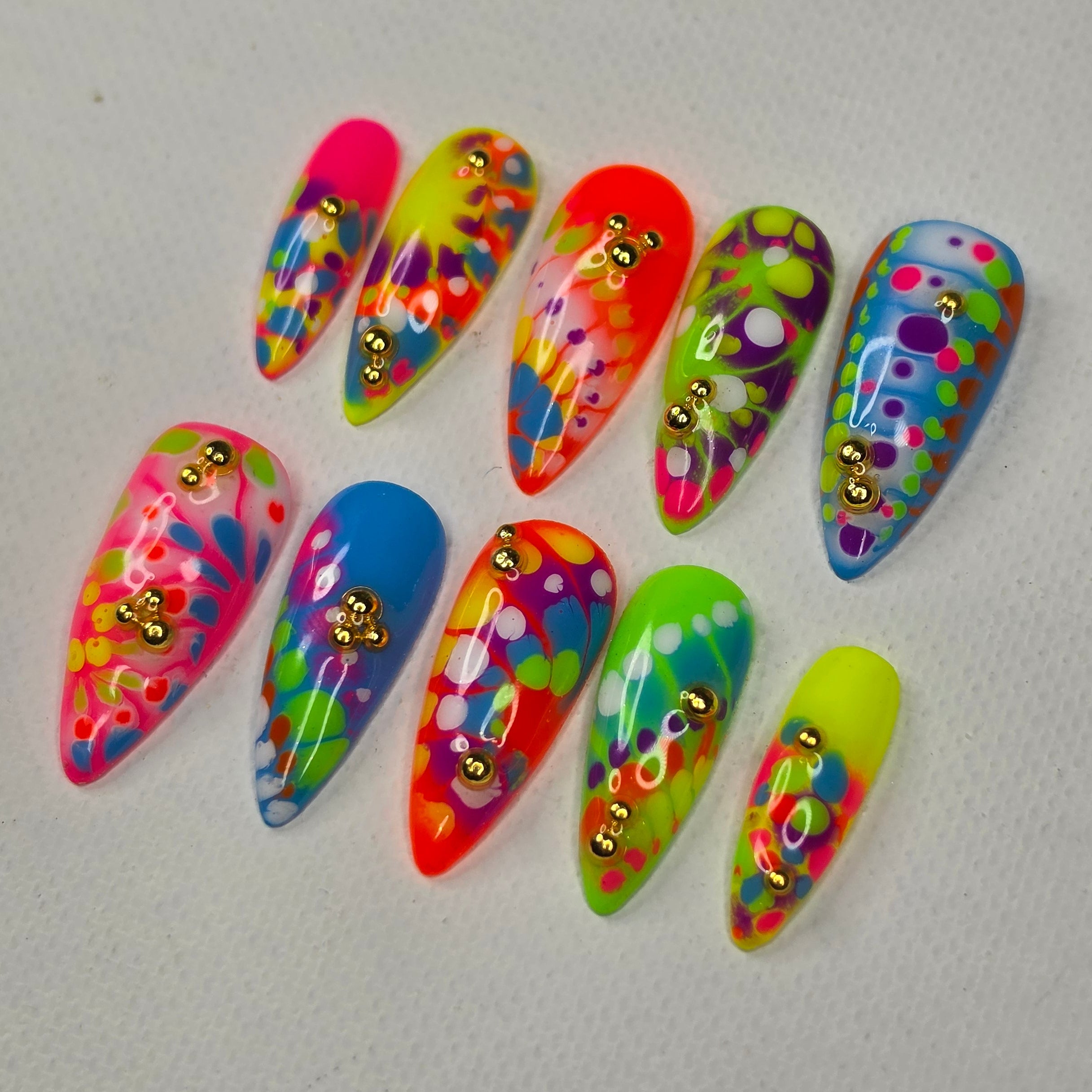 Neon Burst & Gold Studs — Luxury Press On Nails