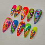 Neon Burst & Gold Studs — Luxury Press On Nails