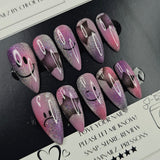 Medium Almond Airbrushed Press-On Nails | Smiley & Sad Face Design with Cat Eye Shimmer Base