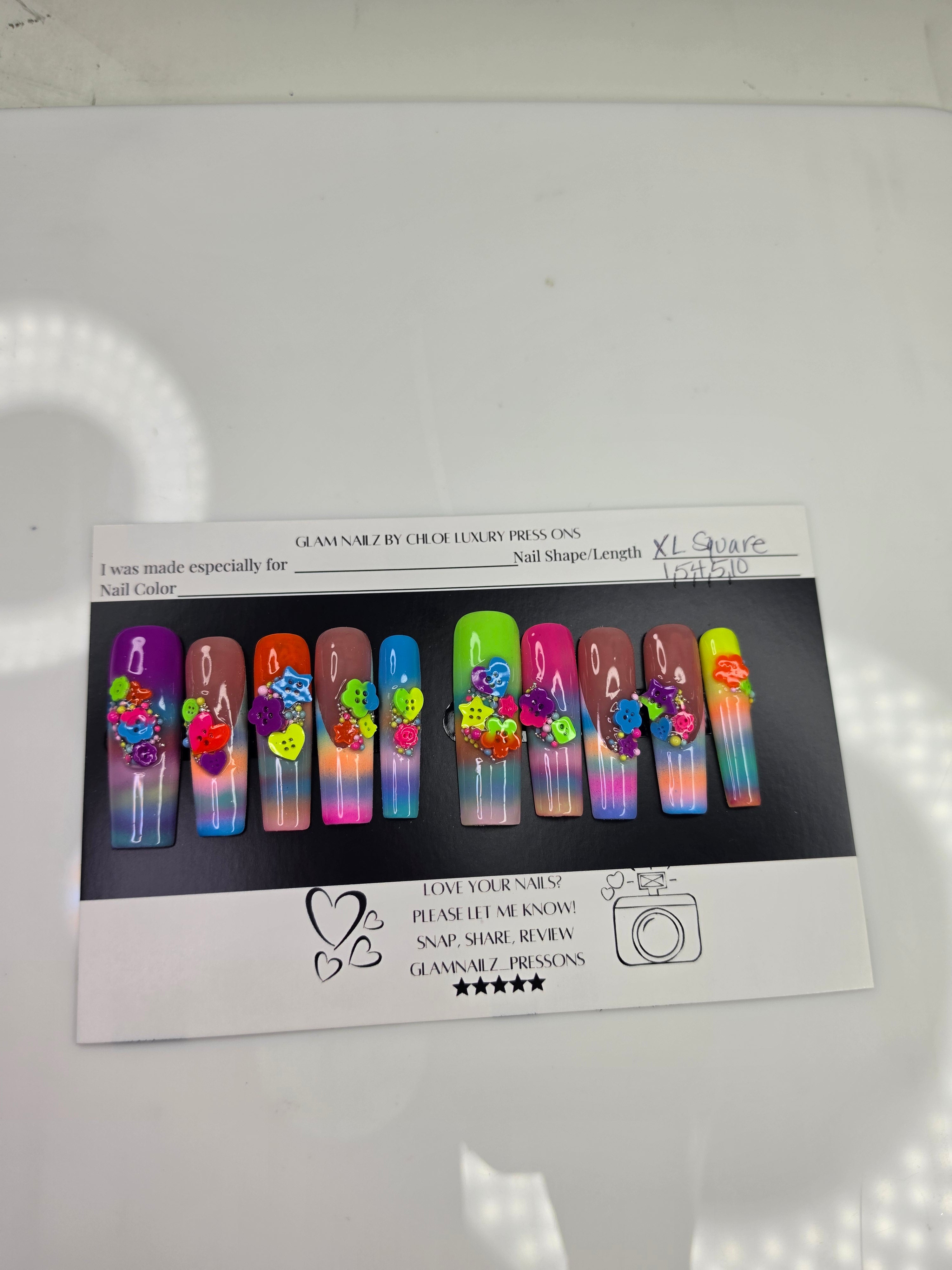 Rainbow Rave XL Square Press-On Nails | 3D Buttons & Cabochons | Medium Length