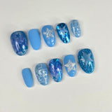 Blue Star Press On Nails | Glitter Chrome Airbrush Round Nails | Y2K Star Nail Art | Medium Small