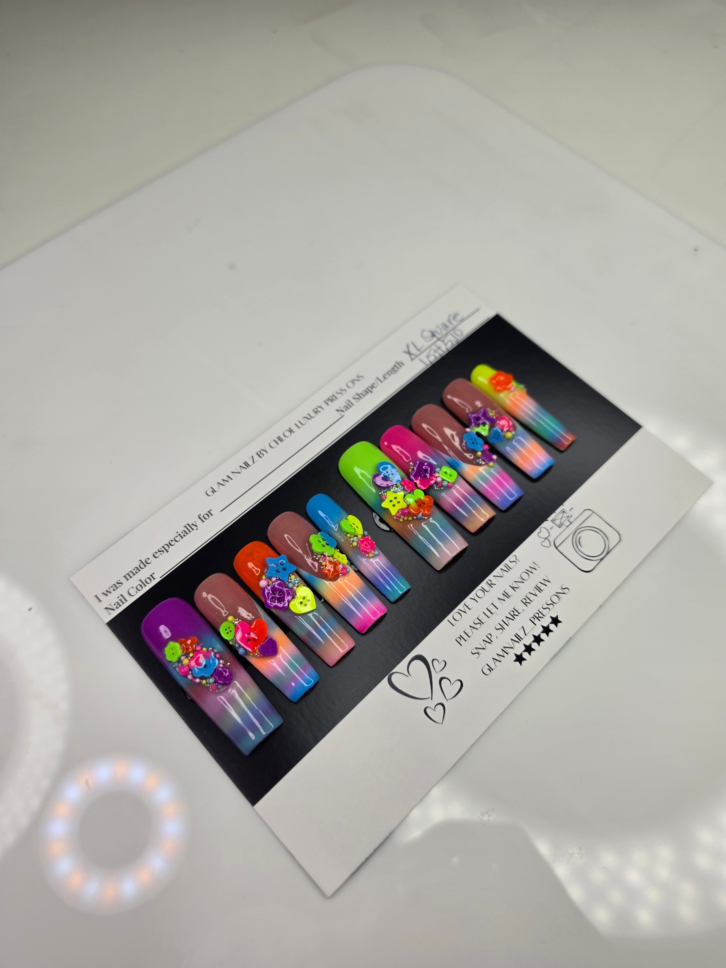 Rainbow Rave XL Square Press-On Nails | 3D Buttons & Cabochons | Medium Length